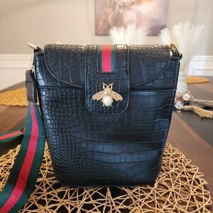 Black Croc Embossed Crossbody Bag with Bee Accent